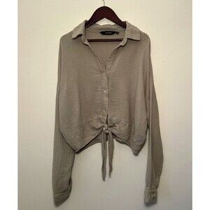 GLASSONS Collared Muslin Button Up Woven Boho Knot Blouse, Sage Green- Size 10